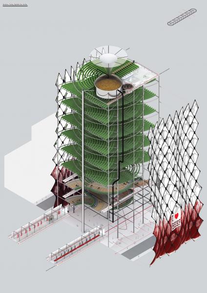 Exploded axonometric of one tower